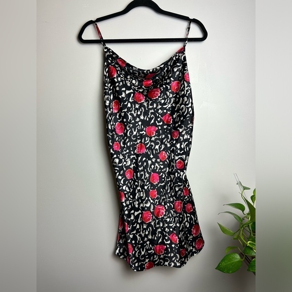 Josie By Natori Floral Satin Dropped Cowl Halter Neck Gown Mini Dress Size M - Picture 1 of 10